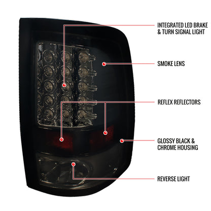 2009-2018 Dodge RAM 1500 / 2019-2021 Dodge RAM Classic / 2010-2018 RAM 2500 3500 LED Tail Lights (Glossy Black Housing/Smoked Lens)