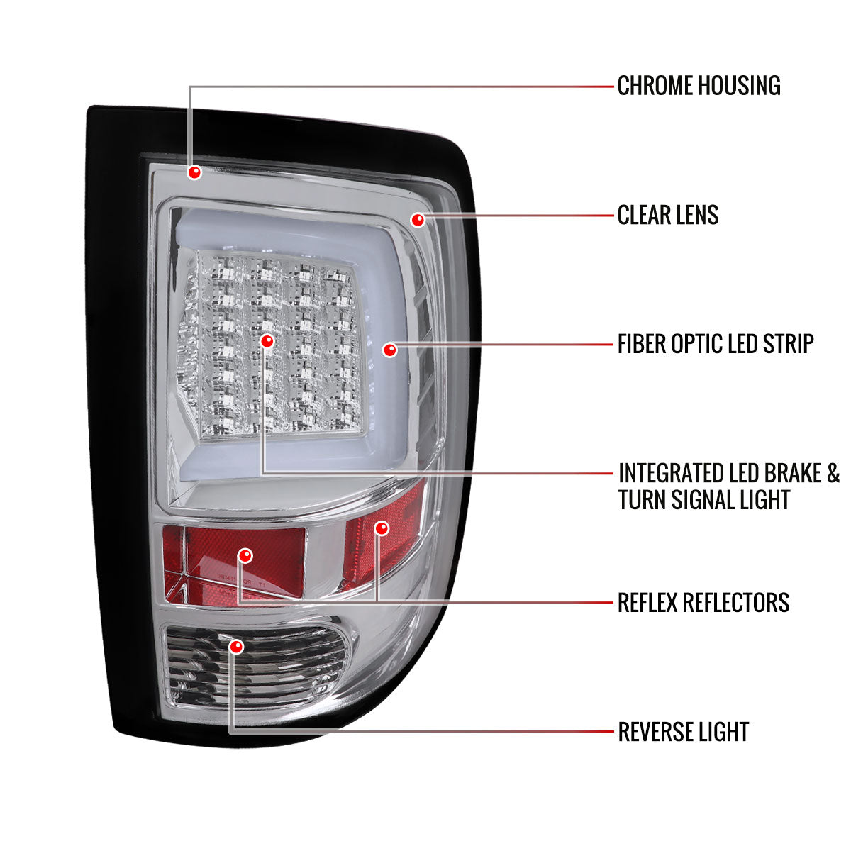 2009-2018 Dodge RAM 1500 / 2019-2021 RAM Classic / 2010-2018 RAM 2500 3500 White Bar LED Tail Lights (Chrome Housing/Clear Lens)