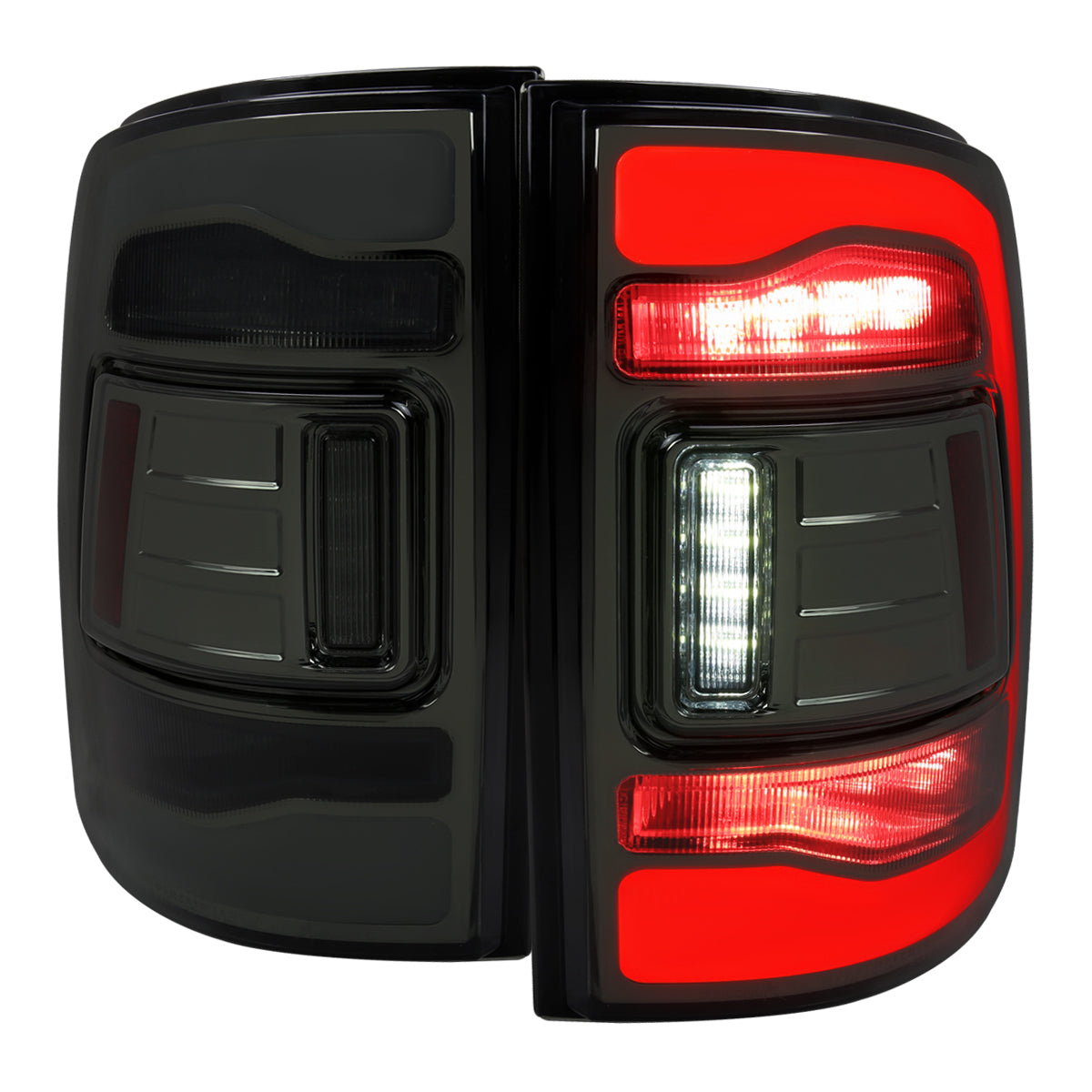 2009-2018 Dodge RAM 1500/2019-2022 RAM 1500 Classic/2010-2018 RAM 2500 3500 LED Bar Tail Lights (Chrome Housing/Smoked Lens)
