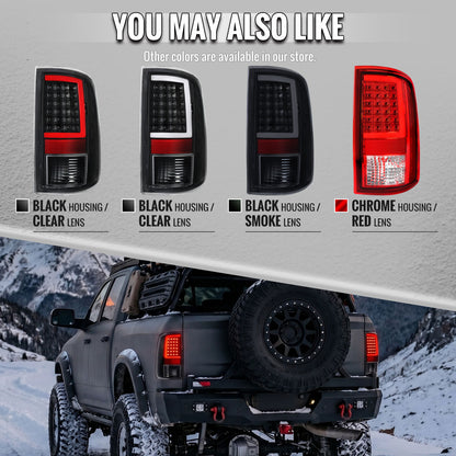 2009-2018 Dodge RAM 1500 / 2019-2021 RAM Classic / 2010-2018 RAM 2500 3500 Full LED C-Bar Tail Lights  (Black Housing / Clear Lens)