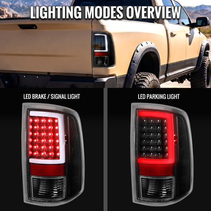 2009-2018 Dodge RAM 1500 / 2019-2021 RAM Classic / 2010-2018 RAM 2500 3500 Full LED C-Bar Tail Lights  (Black Housing / Clear Lens)