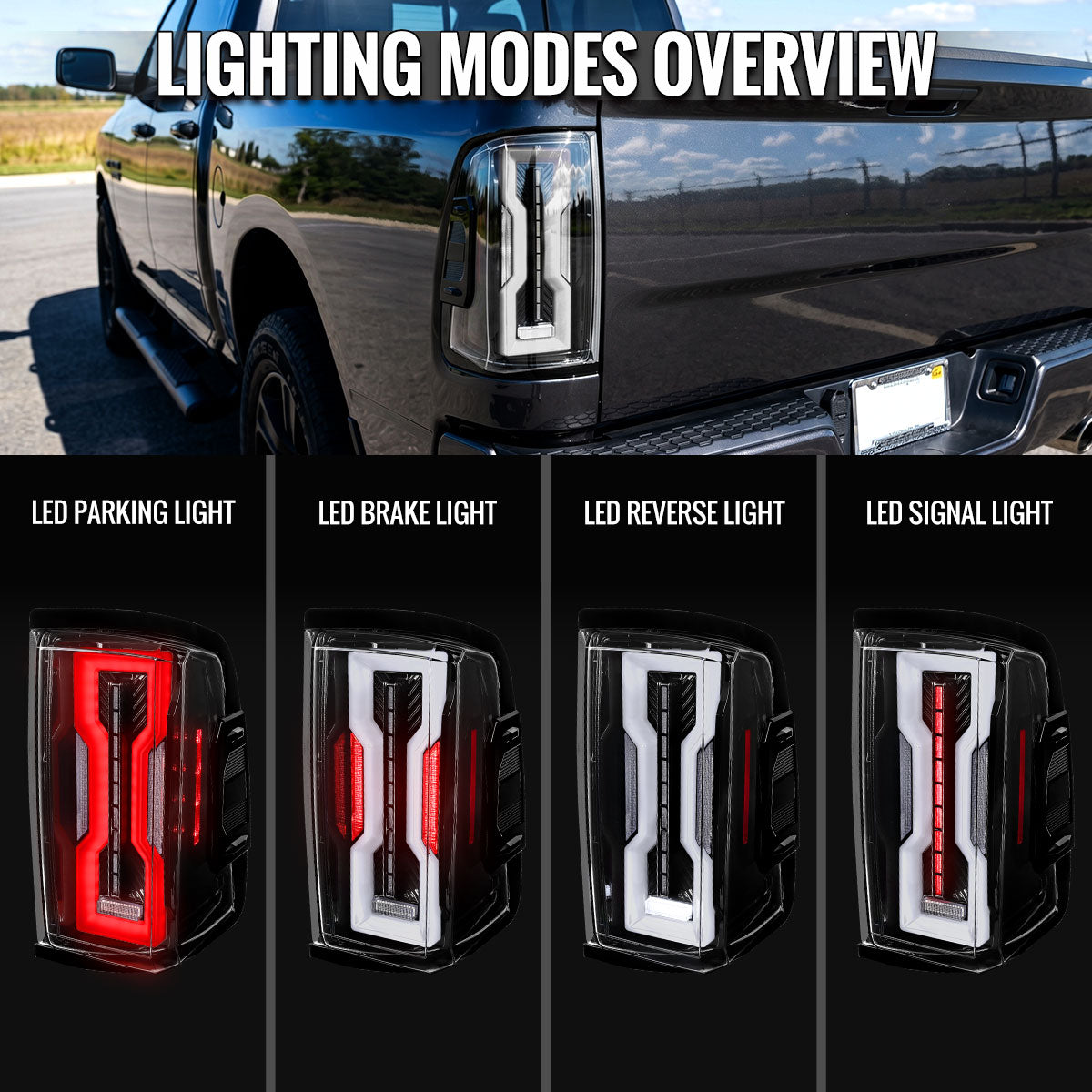 2009-2018 Dodge RAM 1500 / 2019-2021 RAM Classic / 2010-2018 RAM 2500 3500 Full LED Tail Lights (Jet Black Housing / Clear Lens)