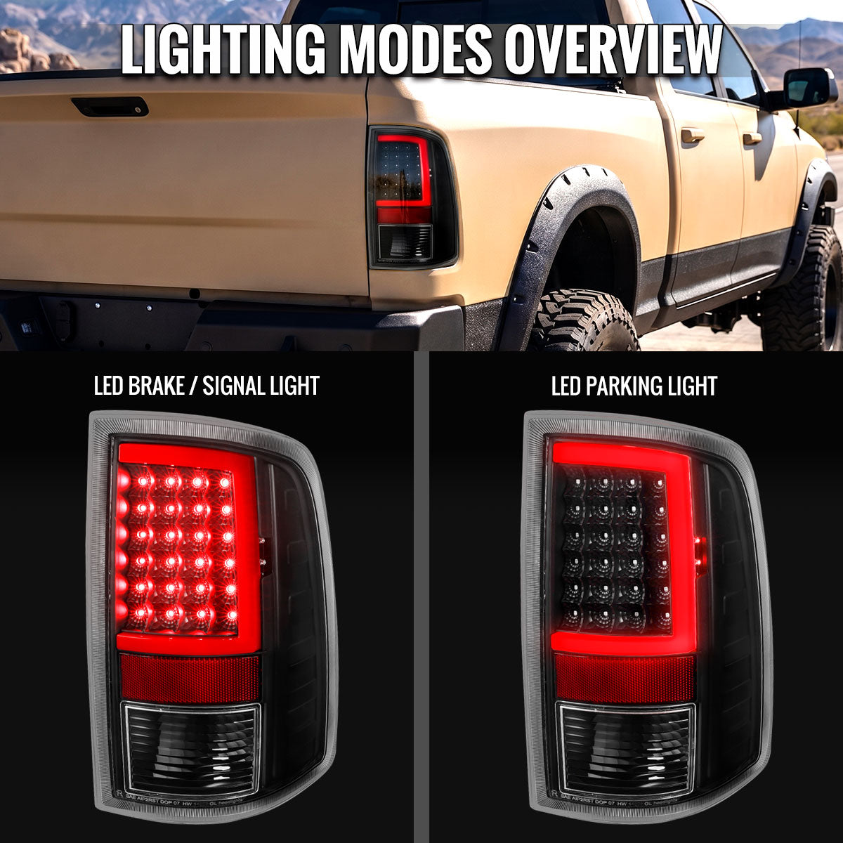 2009-2018 Dodge RAM 1500 / 2019-2021 RAM Classic / 2010-2018 RAM 2500 3500 Red LED C-Bar Tail Lights (Black Housing / Clear Lens)