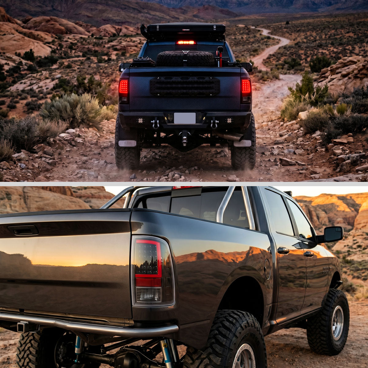 2009-2018 Dodge RAM 1500 / 2019-2021 RAM Classic / 2010-2018 RAM 2500 3500 Red LED C-Bar Tail Lights (Black Housing / Clear Lens)