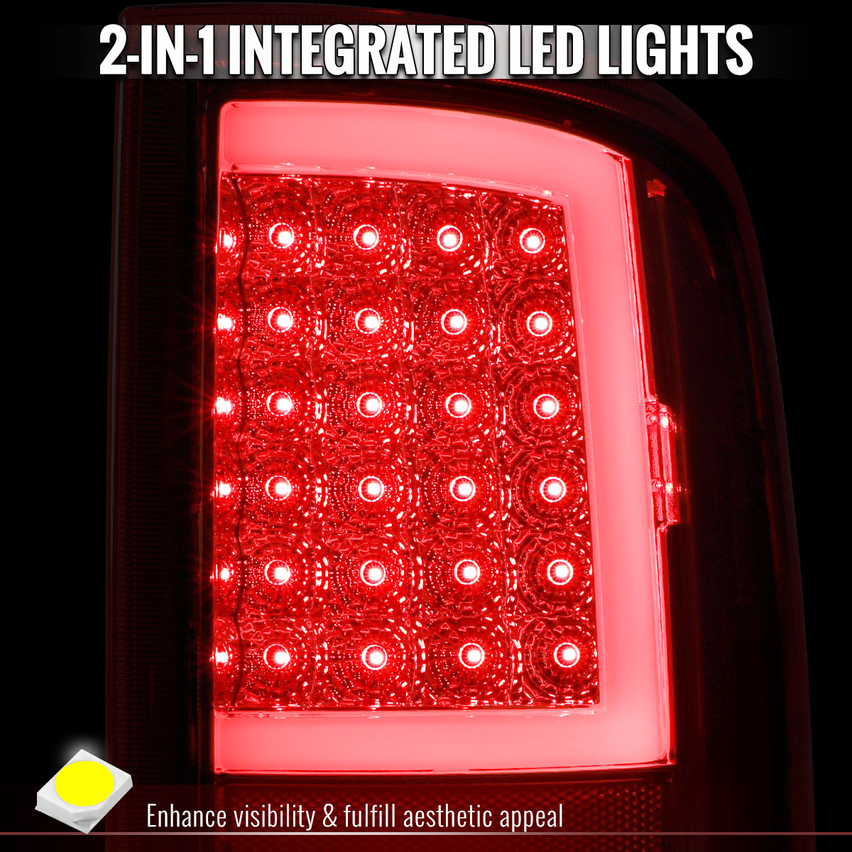 2009-2018 Dodge RAM 1500 / 2019-2021 RAM Classic / 2010-2018 RAM 2500 3500 Full LED C-Bar Tail Lights (Chrome Housing / Red Clear Lens)