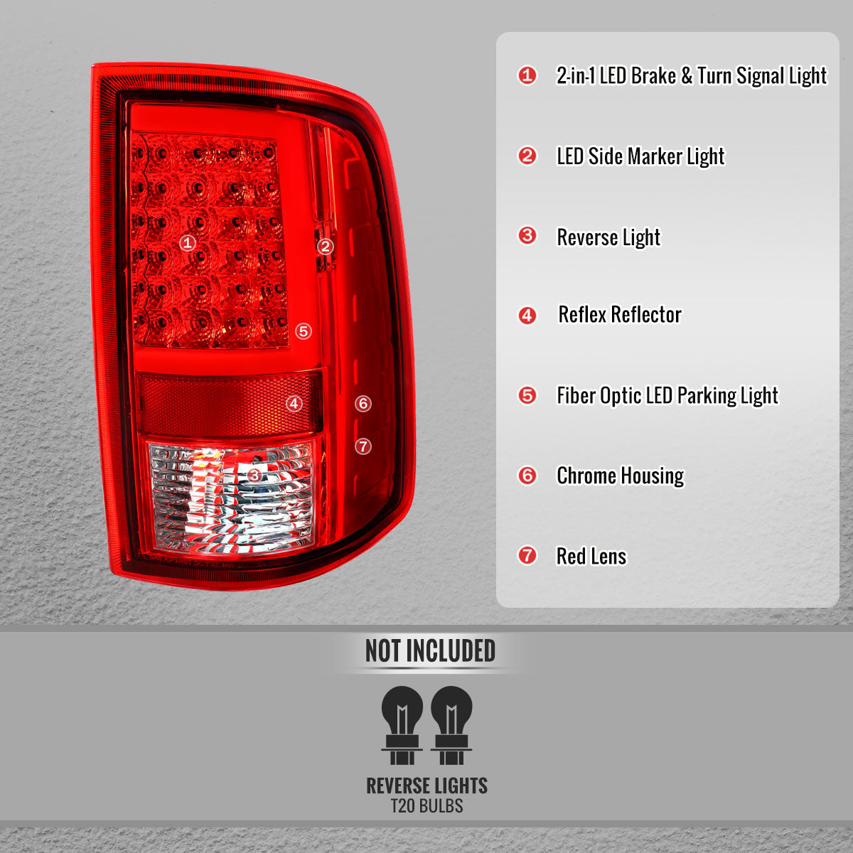2009-2018 Dodge RAM 1500 / 2019-2021 RAM Classic / 2010-2018 RAM 2500 3500 Full LED C-Bar Tail Lights (Chrome Housing / Red Clear Lens)