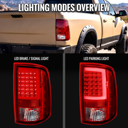 2009-2018 Dodge RAM 1500 / 2019-2021 RAM Classic / 2010-2018 RAM 2500 3500 Full LED C-Bar Tail Lights (Chrome Housing / Red Clear Lens)