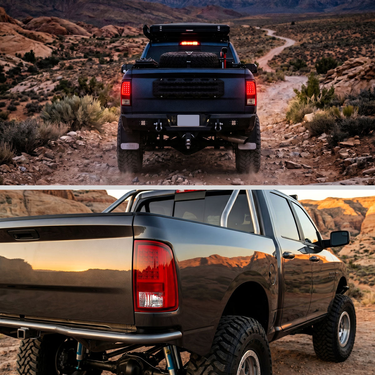 2009-2018 Dodge RAM 1500 / 2019-2021 RAM Classic / 2010-2018 RAM 2500 3500 Full LED C-Bar Tail Lights (Chrome Housing / Red Clear Lens)
