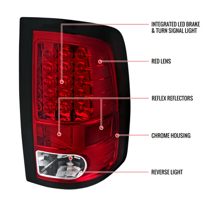 2009-2018 Dodge RAM 1500 / 2019-2021 RAM Classic / 2010-2018 RAM 2500 3500 LED Tail Lights (Chrome Housing/Red Lens)
