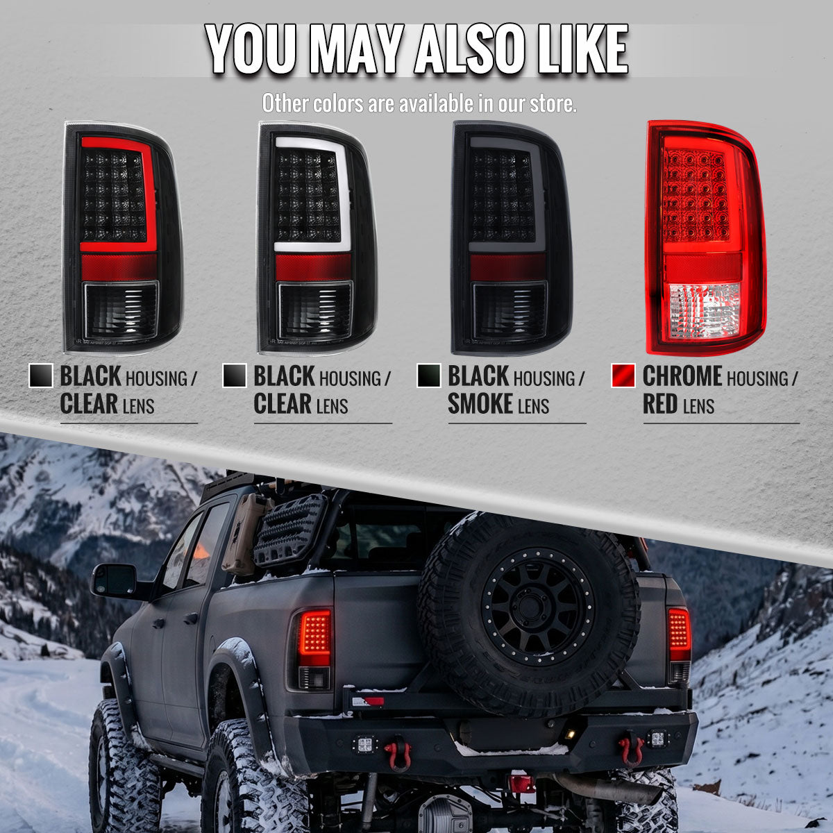 2009-2018 Dodge RAM 1500 / 2019-2021 RAM Classic / 2010-2018 RAM 2500 3500 Full LED C-Bar Tail Lights  (Black Housing / Smoked Lens)