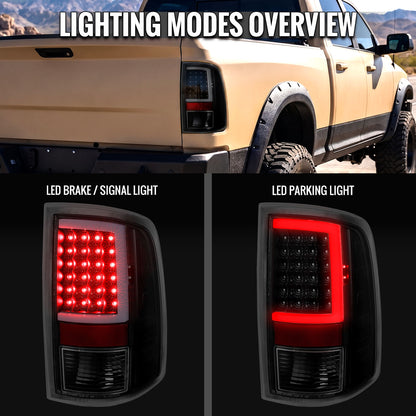 2009-2018 Dodge RAM 1500 / 2019-2021 RAM Classic / 2010-2018 RAM 2500 3500 Full LED C-Bar Tail Lights  (Black Housing / Smoked Lens)