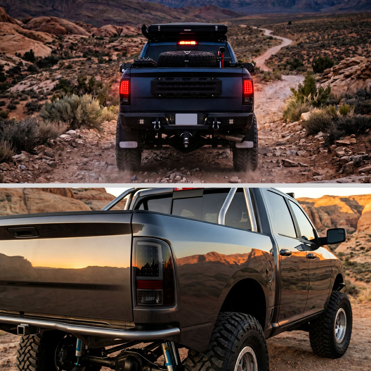 2009-2018 Dodge RAM 1500 / 2019-2021 RAM Classic / 2010-2018 RAM 2500 3500 Full LED C-Bar Tail Lights  (Black Housing / Smoked Lens)