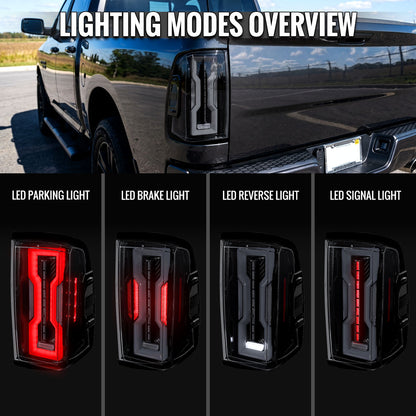 2009-2018 Dodge RAM 1500 / 2019-2021 RAM Classic / 2010-2018 RAM 2500 3500 Full LED Tail Lights (Glossy Black Housing / Smoked Lens)