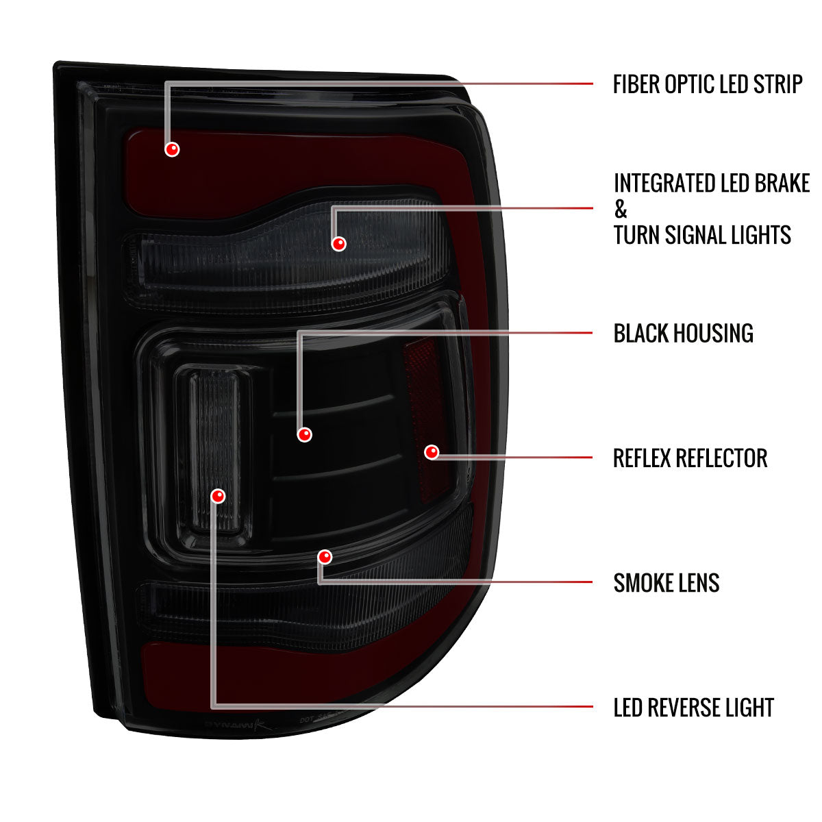 2009-2018 Dodge RAM 1500/2019-2022 RAM 1500 Classic/2010-2018 RAM 2500 3500 Red LED Bar Tail Lights (Matte Black Housing/Smoked Lens)