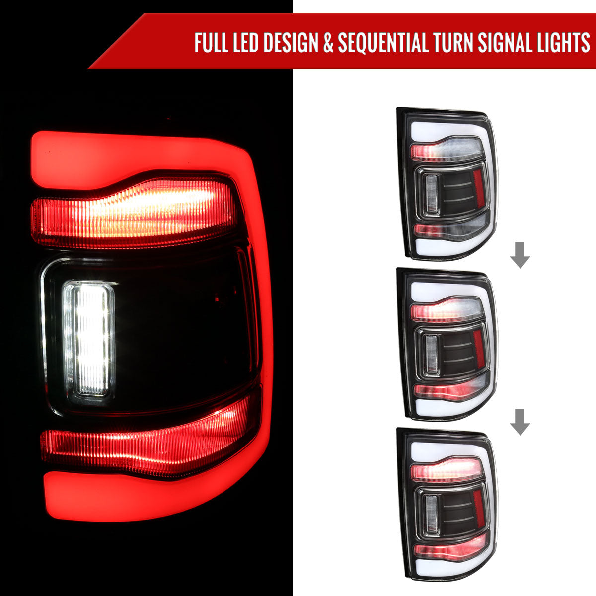 2013-2018 RAM 1500/2500/3500 Sequential Signal LED Tail Lights (Matte Black Housing/Clear Lens)