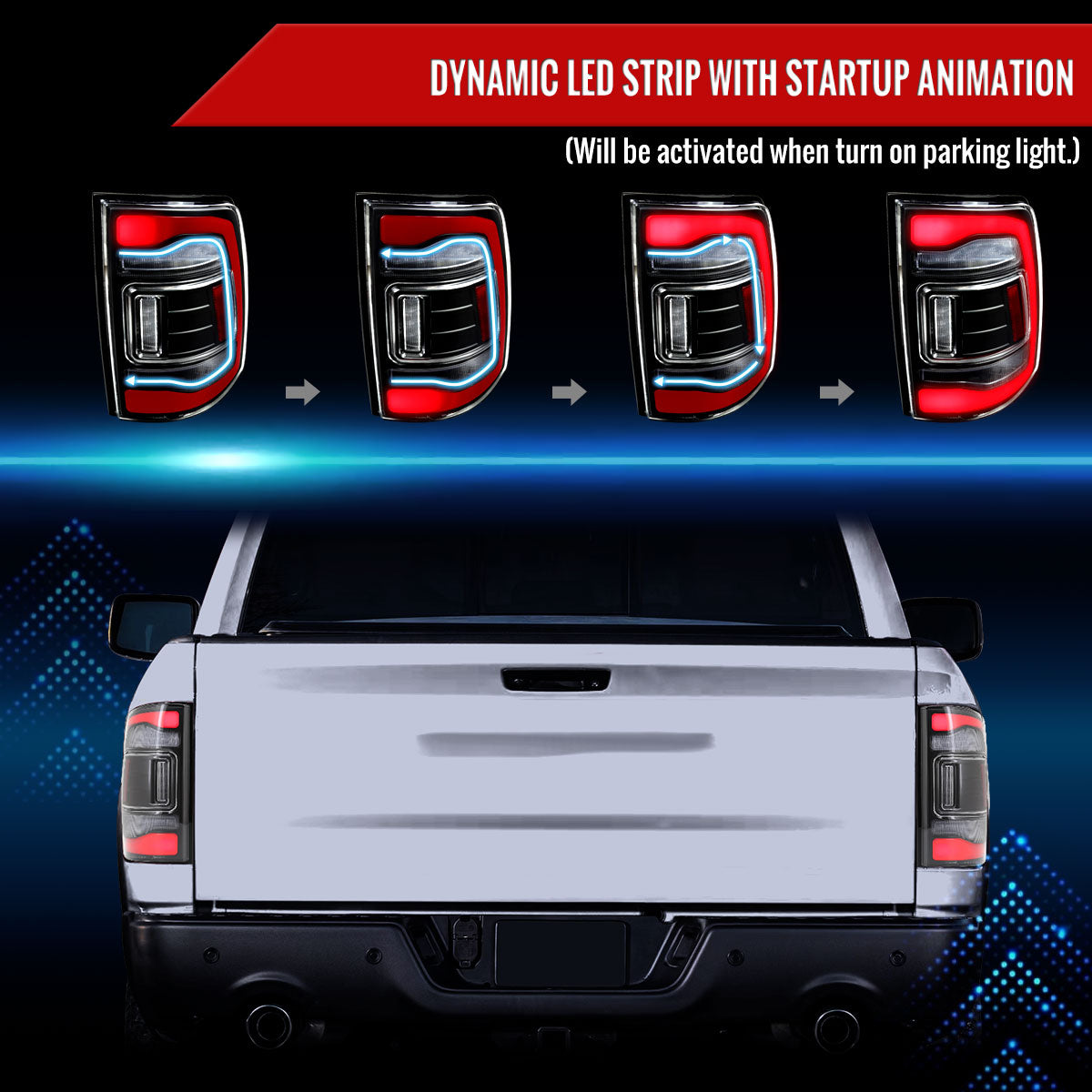2013-2018 RAM 1500/2500/3500 Sequential Signal LED Tail Lights (Black Housing/Clear Lens)