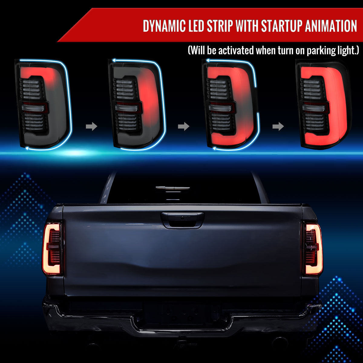 2019-2024 Dodge RAM 1500 Tail Light w/ Sequential Turn Signal LED Strip and LED Side Marker Brake Reverse (Glossy Black Housing / Smoked Lens)