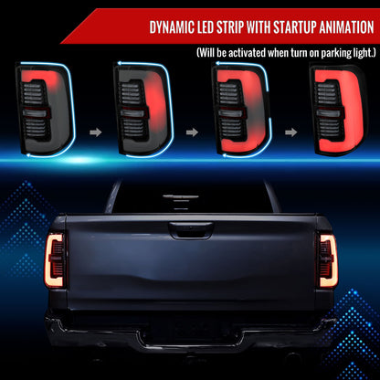 2019-2024 Dodge RAM 1500 Tail Light w/ Sequential Turn Signal LED Strip and LED Side Marker Brake Reverse (Glossy Black Housing / Smoked Lens)