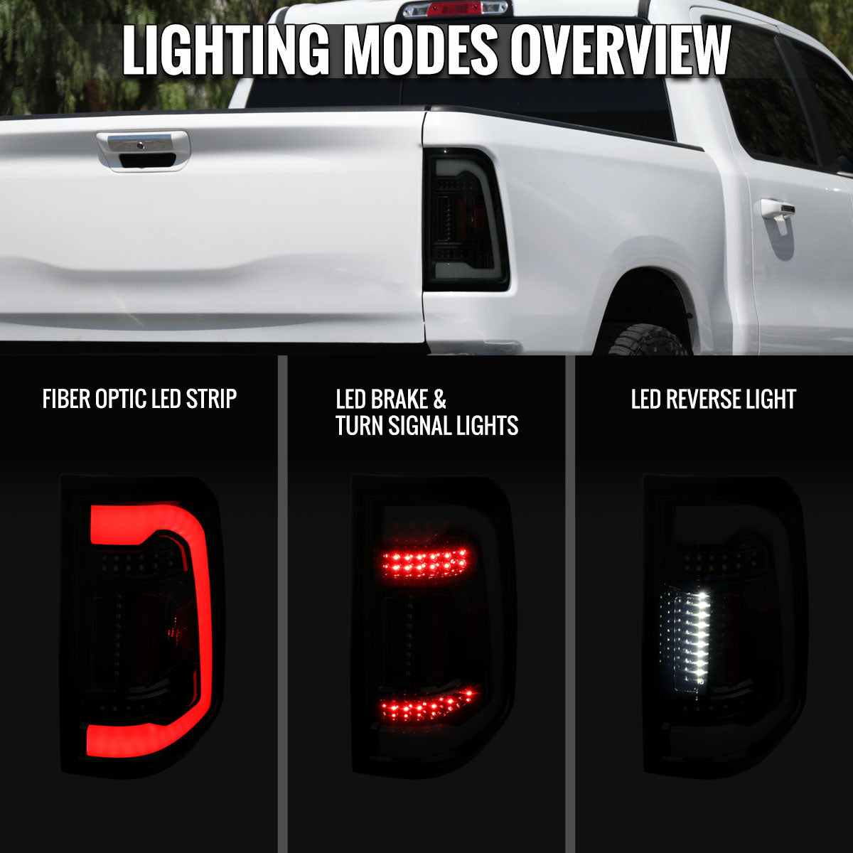 2019-2024 Dodge RAM 1500 White LED Bar Tail Lights (Glossy Black Housing/Smoked Lens)