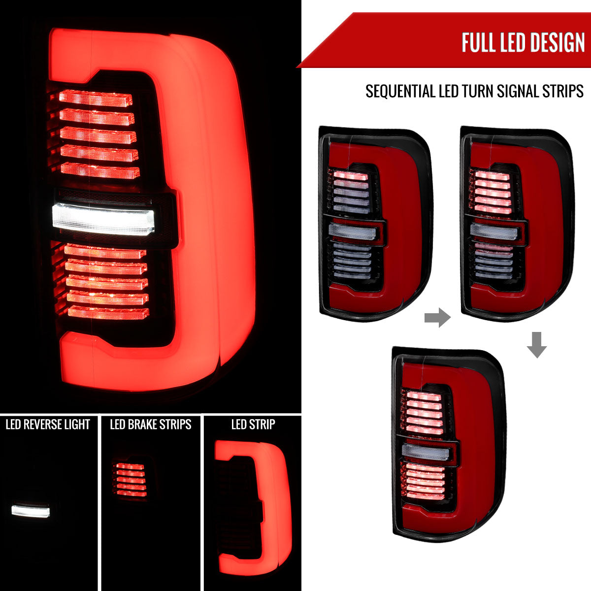 2019-2024 Dodge RAM 1500 Tail Light w/ Sequential Turn Signal LED Strip and LED Side Marker Brake Reverse (Jet Black Housing / Clear Lens)