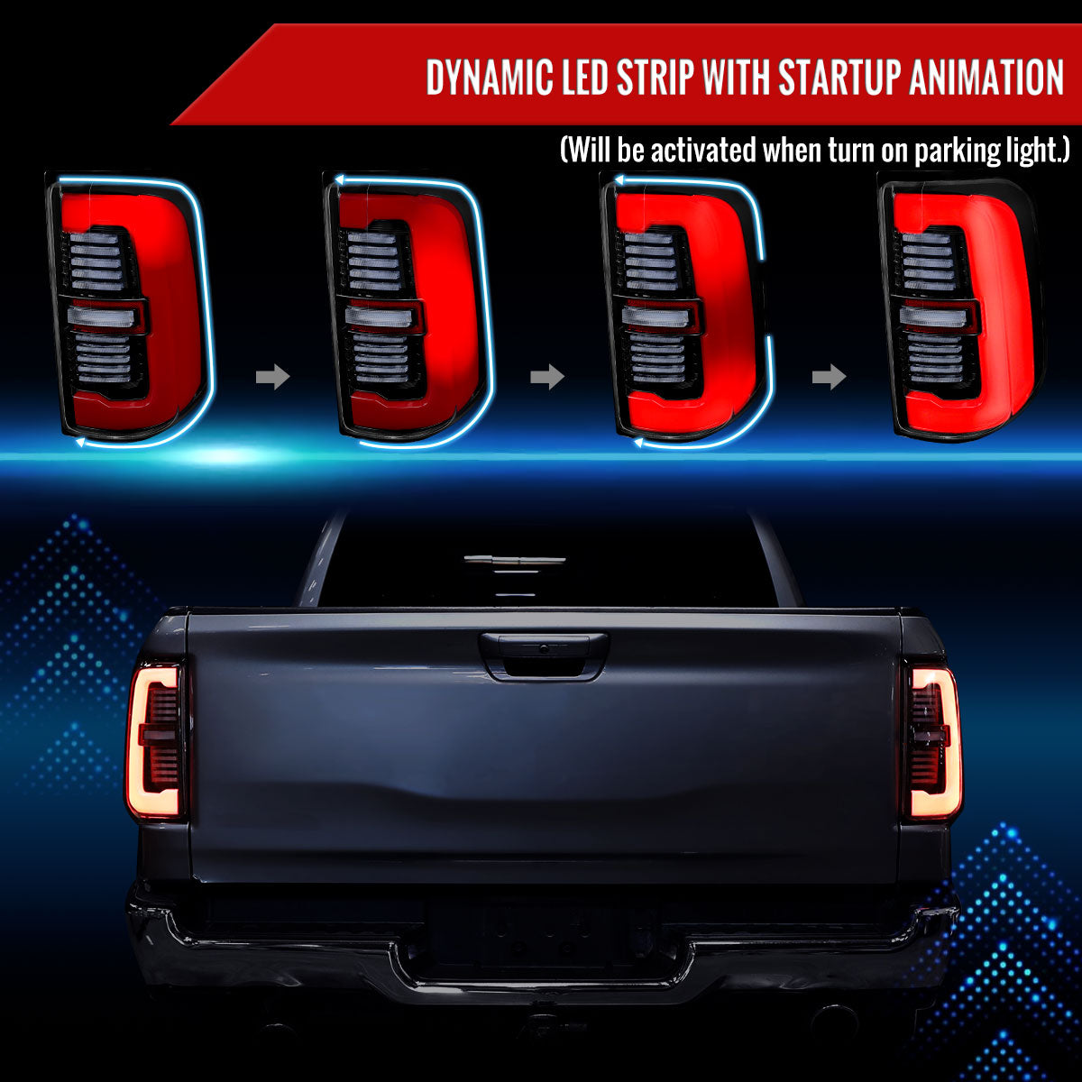 2019-2024 Dodge RAM 1500 Tail Light w/ Sequential Turn Signal LED Strip and LED Side Marker Brake Reverse (Jet Black Housing / Clear Lens)
