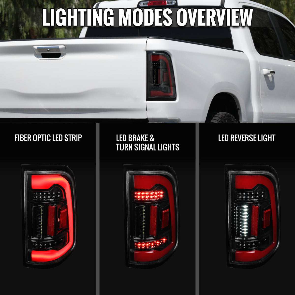 2019-2024 Dodge RAM 1500 White LED Bar Tail Lights (Glossy Black Housing/Clean Lens)