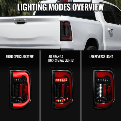 2019-2024 Dodge RAM 1500 White LED Bar Tail Lights (Glossy Black Housing/Clean Lens)