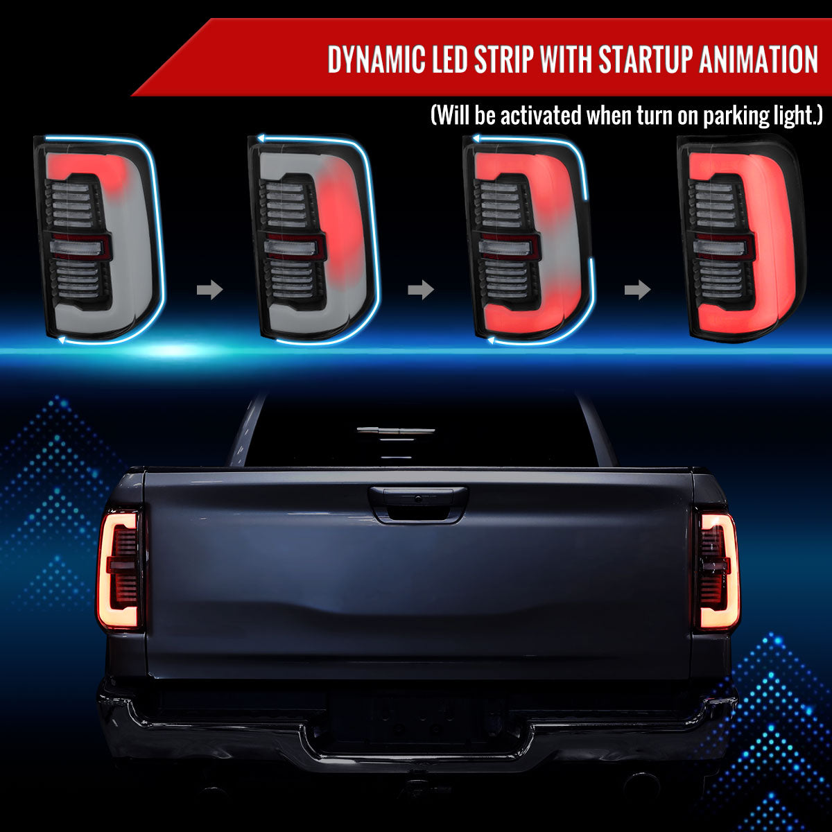 2019-2024 Dodge RAM 1500 Tail Light w/ Sequential Turn Signal LED Strip and LED Side Marker Brake Reverse (Black Housing / Clear Lens)