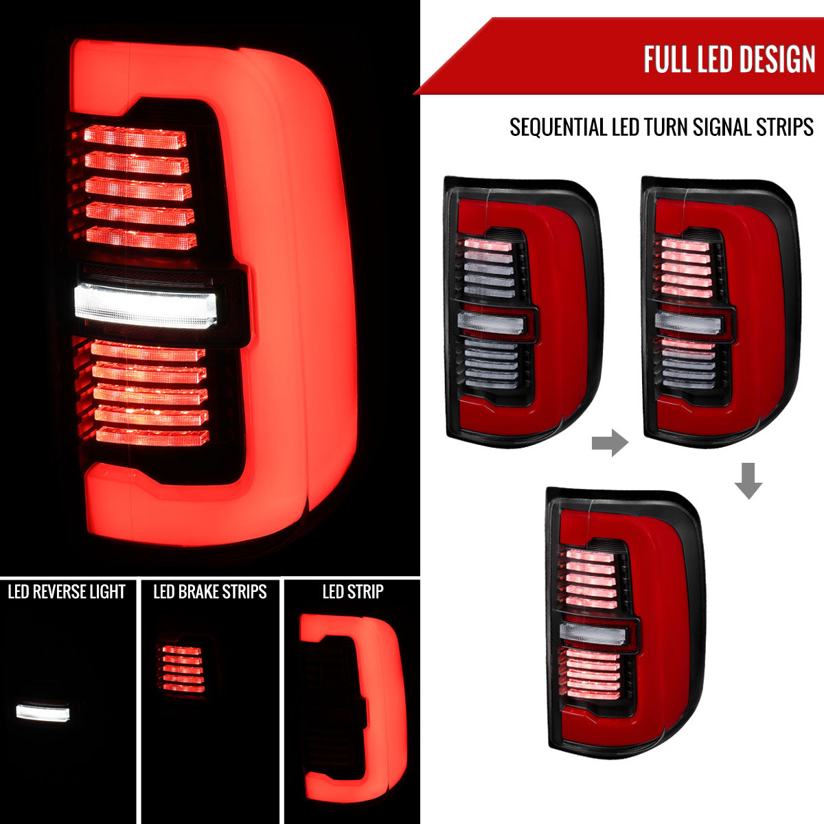 2019-2024 Dodge RAM 1500 Tail Light w/ Sequential Turn Signal Red LED Strip and LED Side Marker Brake Reverse (Black Housing / Clear Lens)