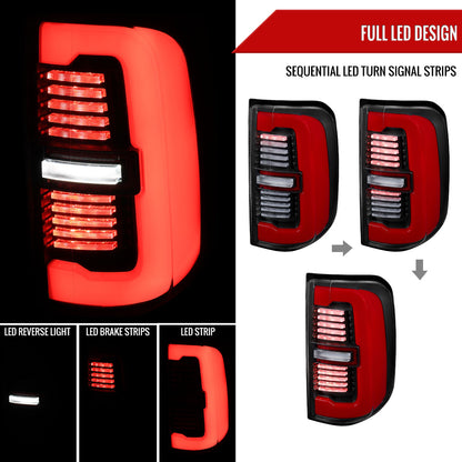 2019-2024 Dodge RAM 1500 Tail Light w/ Sequential Turn Signal Red LED Strip and LED Side Marker Brake Reverse (Black Housing / Clear Lens)