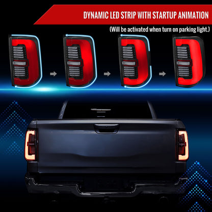 2019-2024 Dodge RAM 1500 Tail Light w/ Sequential Turn Signal Red LED Strip and LED Side Marker Brake Reverse (Black Housing / Clear Lens)