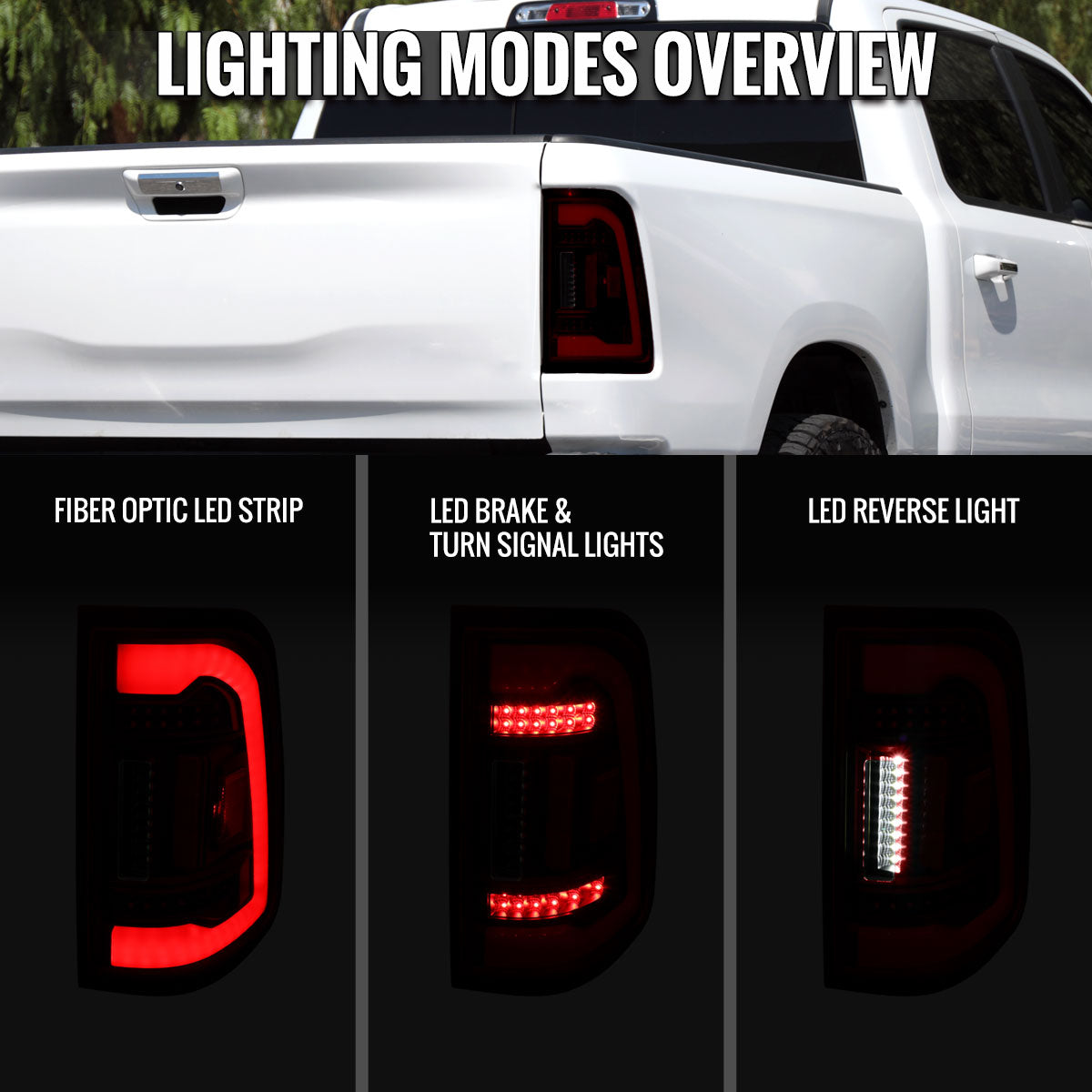 2019-2024 Dodge RAM 1500 White LED Bar Tail Lights (Black Housing/Red Smoked Lens)