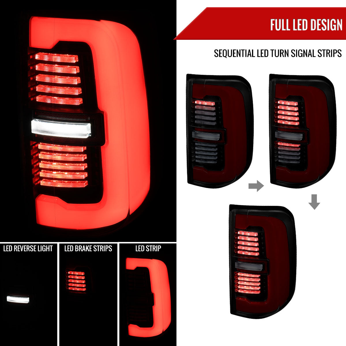 2019-2024 Dodge RAM 1500 Tail Light w/ Sequential Turn Signal LED Strip and LED Side Marker Brake Reverse (Matte Black Housing / Smoked Lens)