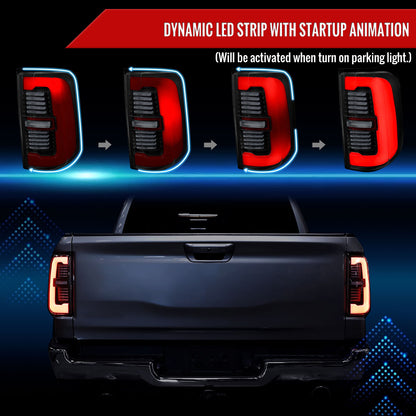 2019-2024 Dodge RAM 1500 Tail Light w/ Sequential Turn Signal LED Strip and LED Side Marker Brake Reverse (Matte Black Housing / Smoked Lens)