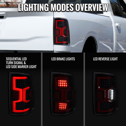 2019-2024 Dodge RAM 2500/3500 LED Sequential Signal Tail Lights (Jet Black Housing/Clear Lens)