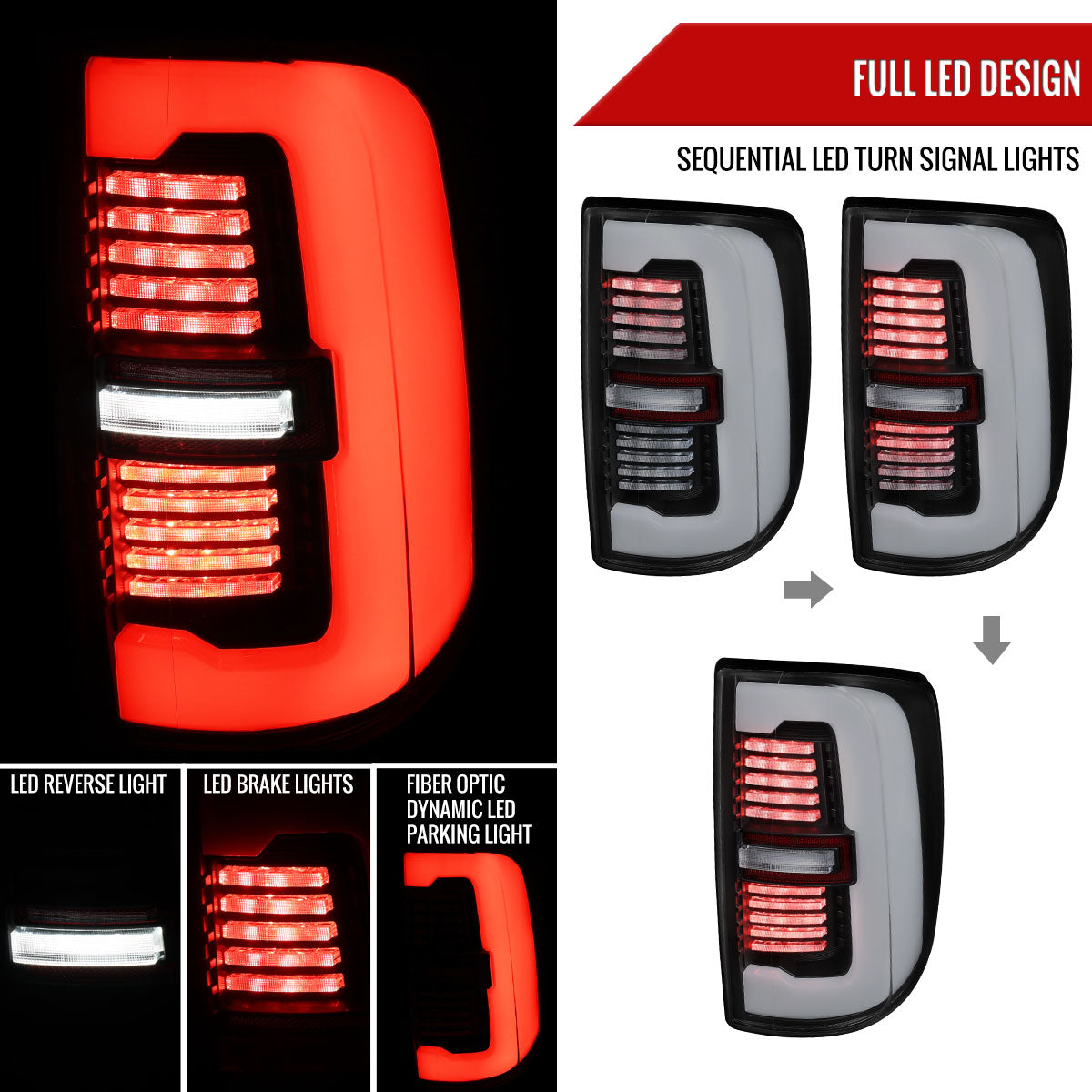 2019-2024 Dodge RAM 2500/3500 LED Sequential Signal Tail Lights (Matte Black Housing / Clear Lens)