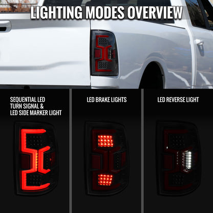 2019-2024 Dodge RAM 2500/3500 Red LED Bar Sequential Signal Tail Lights (Black Housing/Clear Lens)