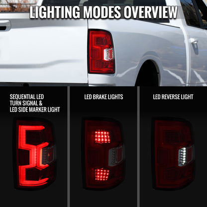 2019-2024 Dodge RAM 2500/3500 LED Sequential Signal Tail Lights (Chrome Housing/Red Lens)