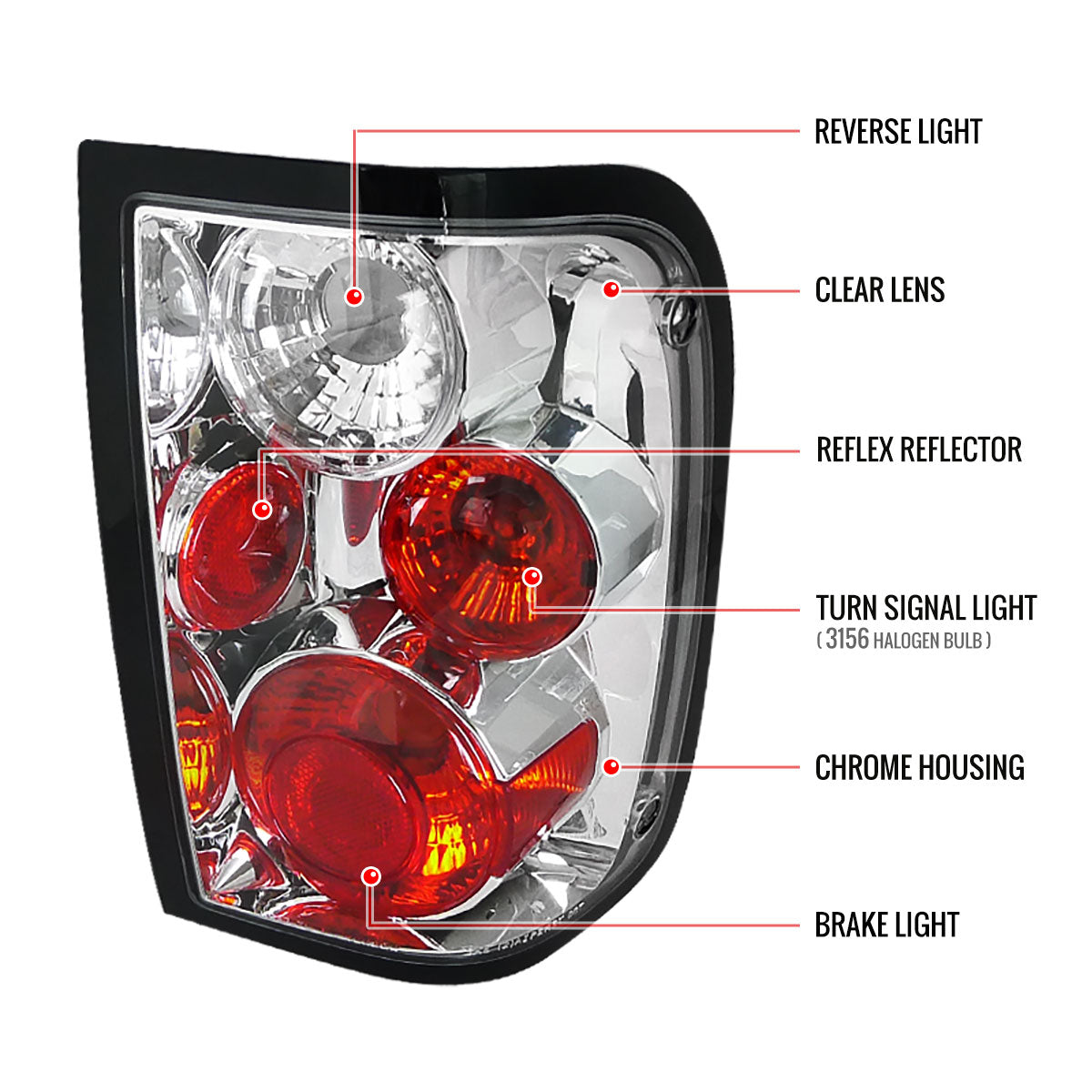 2001-2005 Ford Ranger Tail Lights (Chrome Housing/Clear Lens)