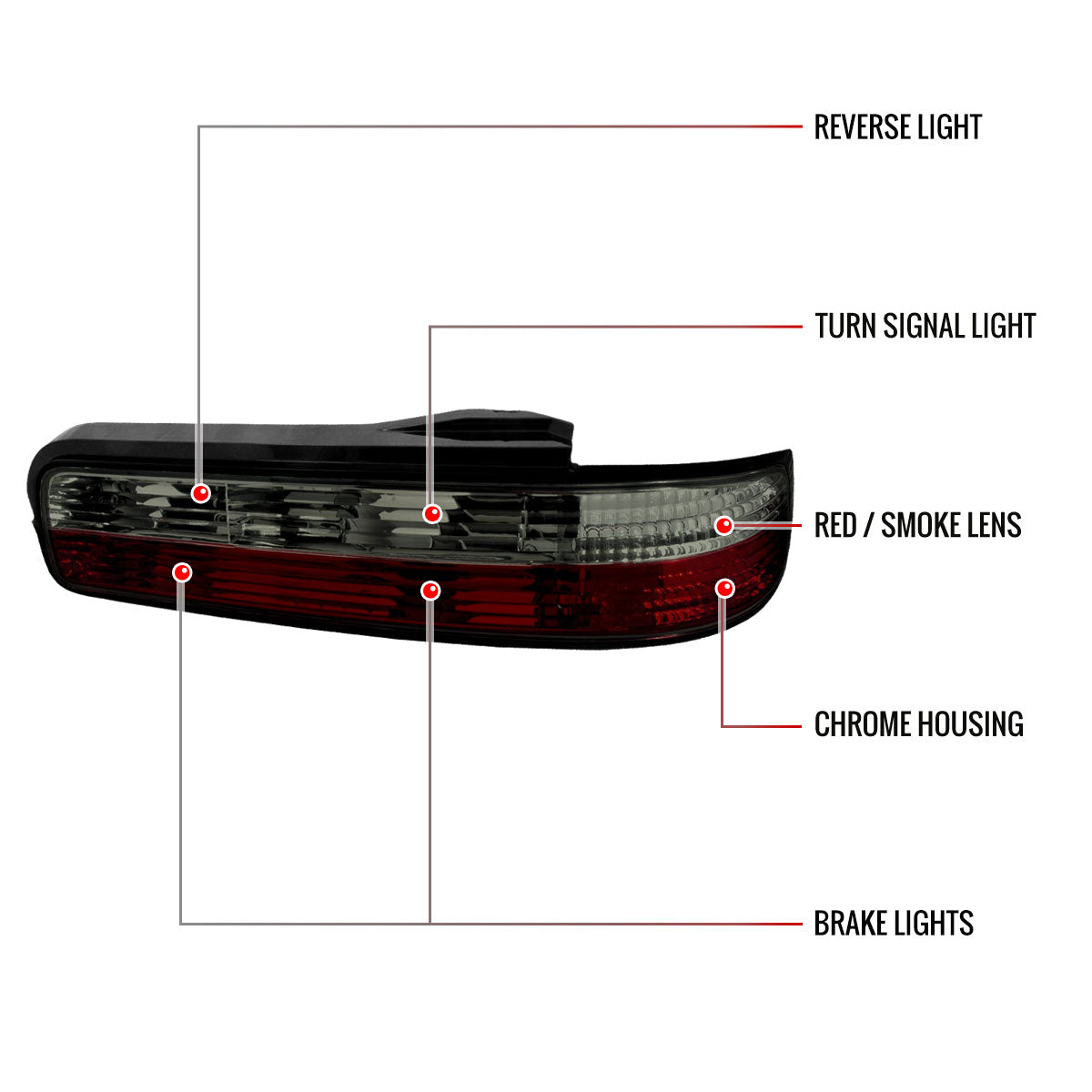 1989-1994 Nissan 240SX S13 Coupe Tail Lights (Chrome Housing/Red Smoked Lens)