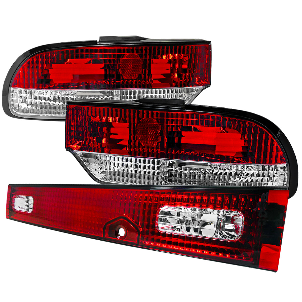 1989-1994 Nissan 240SX S13 Hatchback Tail Lights & Center Trunk Light (Chrome Housing/Red Clear Lens)