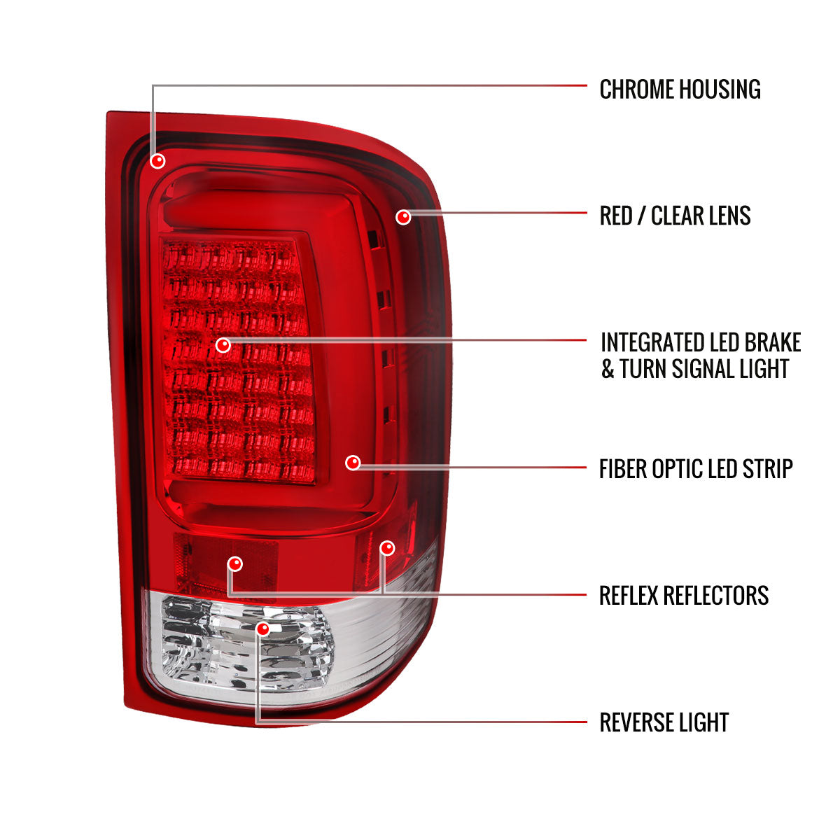 2007-2013 GMC Sierra 1500 / 2007-2014 Sierra 2500HD 3500HD C-Bar LED Tail Lights (Chrome Housing/Red Clear Lens)