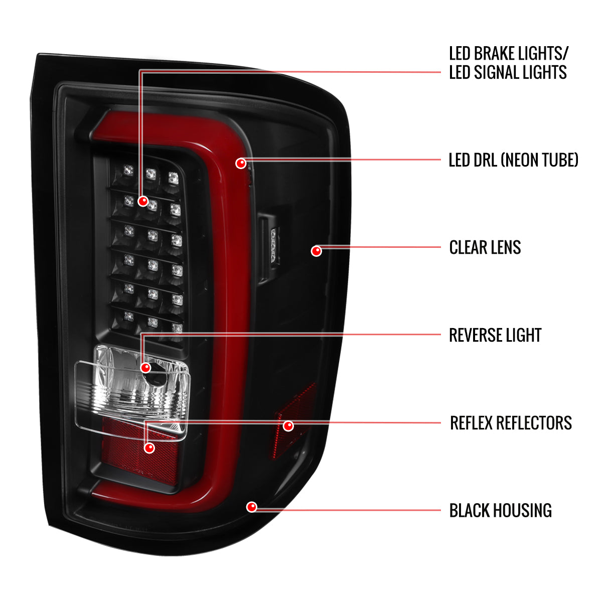 2014-2018 GMC Sierra 1500/2500HD/3500HD Red Bar LED Tail Lights (Black Housing/Clear Lens)