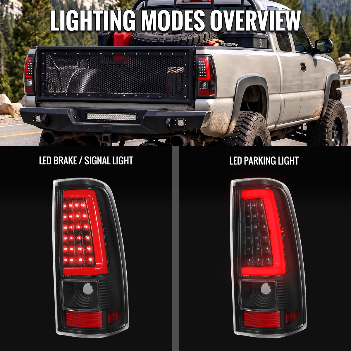 2003-2006 Chevrolet Silverado 1500 2500 3500 Red LED C-Bar Tail Lights (Black Housing / Clear Lens)