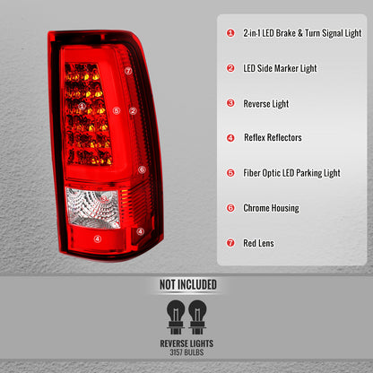 2003-2006 Chevrolet Silverado 1500 2500 3500 LED C-Bar Tail Lights (Chrome Housing / Red Clear Lens)