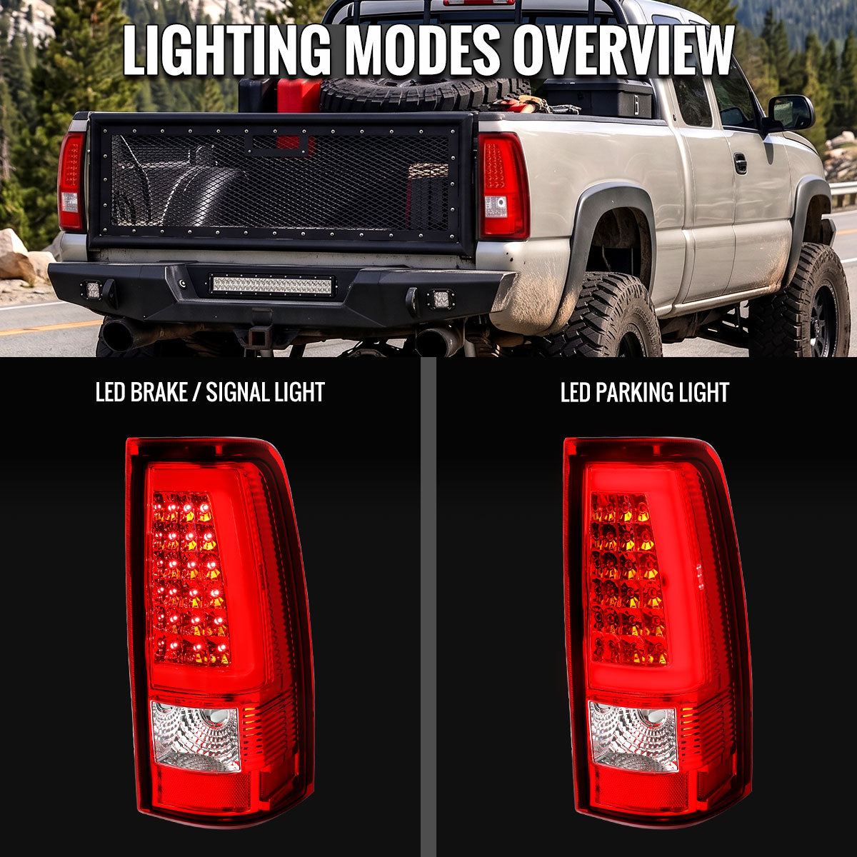 2003-2006 Chevrolet Silverado 1500 2500 3500 LED C-Bar Tail Lights (Chrome Housing / Red Clear Lens)