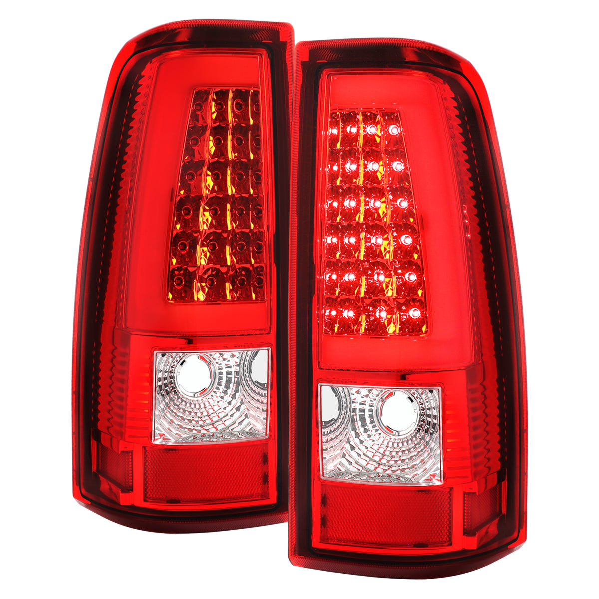2003-2006 Chevrolet Silverado 1500 2500 3500 LED C-Bar Tail Lights (Chrome Housing / Red Clear Lens)