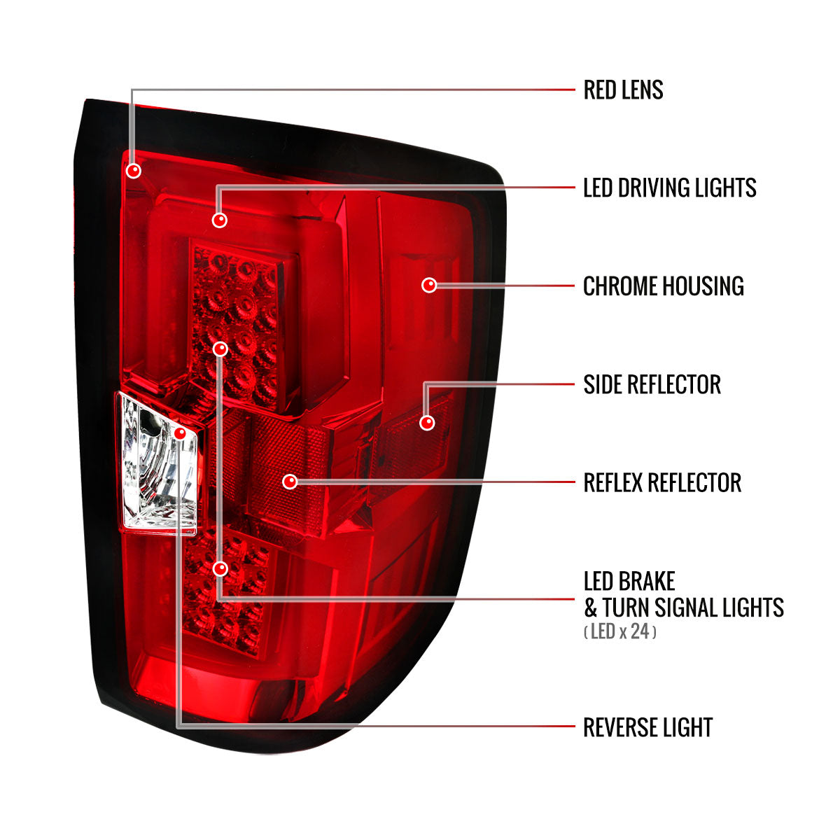 2014-2019 Chevrolet Silverado 1500/ 2015-2019 Silverado 2500HD 3500HD GMC Sierra 3500HD LED Tail Lights (Chrome Housing/Red Lens)