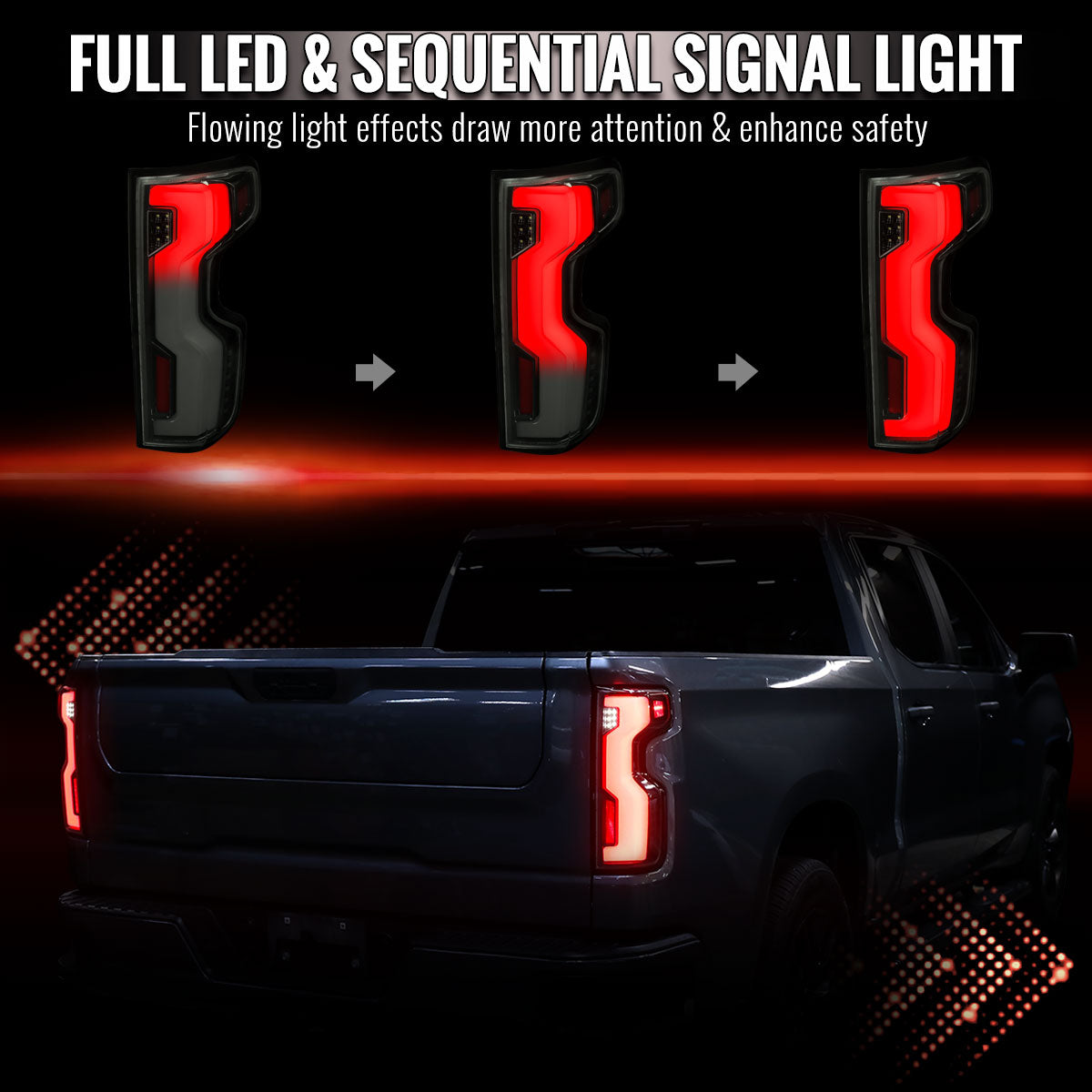 2019-2026 Chevrolet Silverado 1500 / 2020-2023 Silverado 2500HD/3500HD Full LED Switchback Sequential Tail Lights (Glossy Black Housing / Smoked Lens)