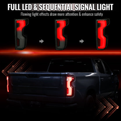2019-2026 Chevrolet Silverado 1500 / 2020-2023 Silverado 2500HD/3500HD Full LED Switchback Sequential Tail Lights (Glossy Black Housing / Smoked Lens)